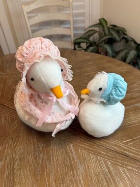 Handcrafted Plush Duck Pair with Pink and Blue Bonnets vintage 1985